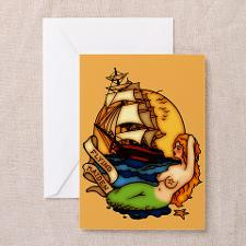 Pirate Ship Mermaid Tattoo Art Greeting Card for