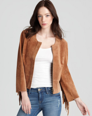 Plenty By Tracy Reese Quotation Jacket Suede Fringe in Brown (adobe)