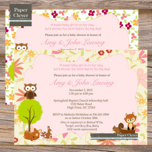 Girls Baby Shower invitation woodland animals, pink floral digital ...