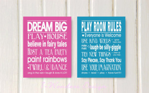 Girls Bedroom Quotes Dream Big AND Play Room Rules Print Set of (2) 8 ...
