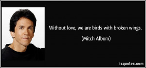 Without love, we are birds with broken wings. - Mitch Albom