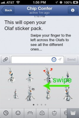 Tap one of the Olaf Facebook Stickers and it will automatically be ...