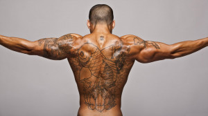 Homme, dos, tatouages, poisson, tan, muscles, secours Wallpaper