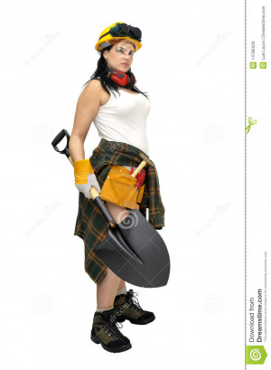 Young Sexy Construction Worker Girl With Shovel Isolated White