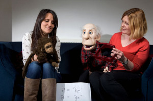 Nina Conti and Hester Lacey with the puppets Monkey and 'Harry'