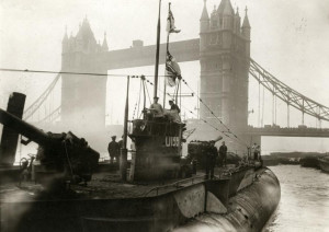 German U-Boat that surrendered is exhibited near Tower Bridge in ...