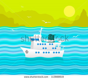 Funny vector cruise ship in the blue sea - stock vector