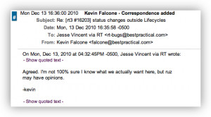 Screenshot: ticket correspondence with quote folds closed