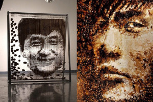 Portrait of Jackie Chan made of chopsticks; portrait of Jay Chou made ...