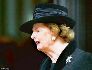 : Margaret Thatcher leaves a remembrance service for Sir Denis ...