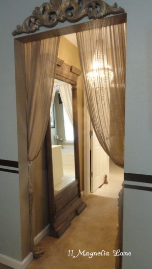 Tension rod and filmy curtains….and an architectural piece above the ...