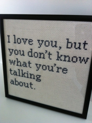 ... between my kid and my husband. Moonrise Kingdom quote cross stitch