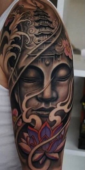 Buddhist tattoos sleeve design of Buddha and temple.