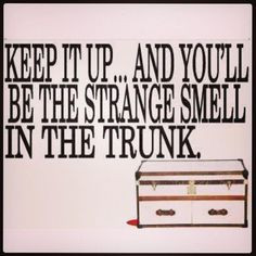 Keep it up .....and you'll be the strange smell in the trunk.