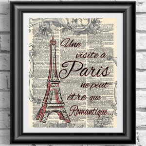 Paris French quotation on antique dictionary book page print ...