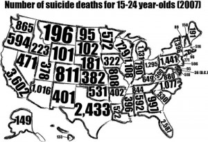 Map outlining the number of U.S suicide deaths per state for 15-24 ...