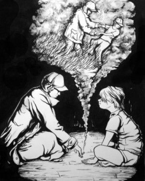 This is a drawing of Holden and Phoebe. Note in the cloud you can see ...