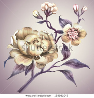 vintage peony and sakura flower illustration - stock photo