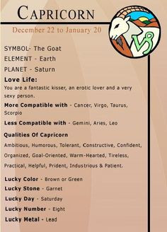 Lucky Color, Stone, Day, Qualities, Compatibility of the Capricorn ...