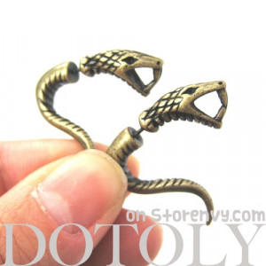 3D Fake Gauge Realistic Snake Cobra Animal Stud Earrings in Bronze