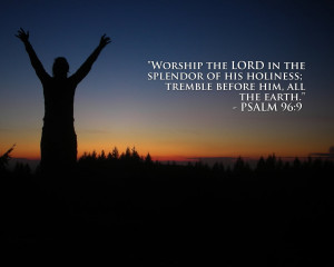 Psalm 96:9 bible verse background with women raised hands in worship ...