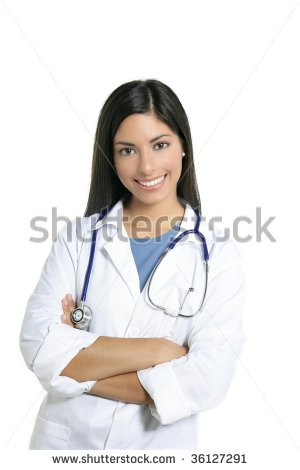 Beautiful brunette indian young happy doctor woman isolated on white