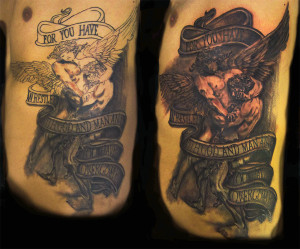 jacob wrestling an angel Black and Grey rib tattoo