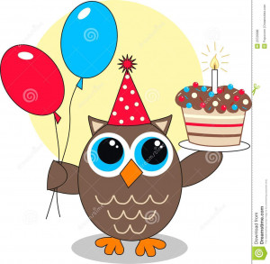 Uma ilustração do feliz aniversario com uma coruja marrom pequena.