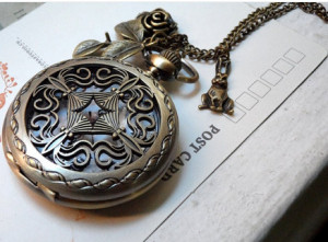 ... Victorian filigree pocket watch necklace with hinged face cover