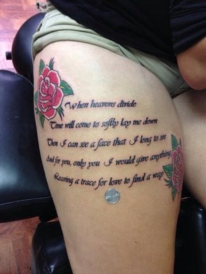 Beautiful Quote Tattoo On Girl Thigh For Aesthetic Skin