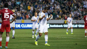 Giovani dos Santos celebrates his first goal for LA Galaxy.