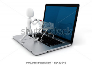 3d man and laptop online shopping , on white background - stock photo