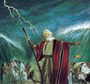 painting by Robert T. Barrett of Moses holding a staff and ...