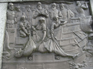 English: Sir Francis Drake buried at sea. One of 4 bronze relief ...