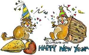 Happy New Year! Two cartoon chipmunks wearing party hats are toasting ...