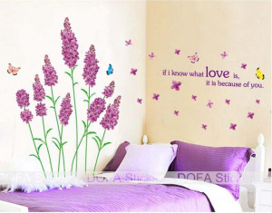 Lavender Wall Stickers Flower Floral Wall Decals Purple Love Lettering ...