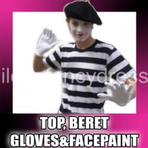 French Mime Artist Medium Costume Beret Shirt Gloves Facepaint Fancy