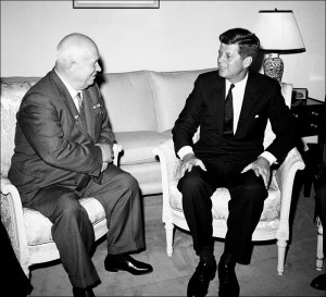 Soviet Premier Nikita Khrushchev and President John F. Kennedy talk in ...