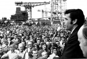Jimmy Reid addressing shipyard workers. Copyright The Scotsman ...