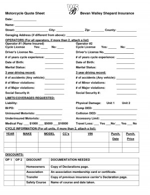 Motorcycle Insurance Quote Sheet Template