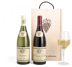 Duo of French wines presented in a wooden crate with a sliding lid and ...