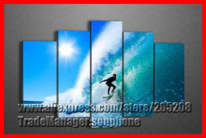 Panel Huge Blue Sea Wave Oil Painting on Canvas Surfing Wall Art ...