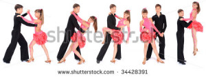 ... and girl dancing ballroom dance on white background. Five poses