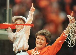 Tyler helps mother Pat Summitt cut the net down in 1996 after one of ...