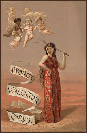 Old antique looking Valentines Day picture of woman in red toga ...