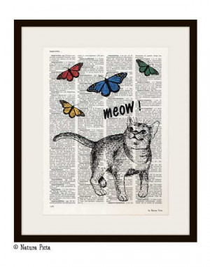 Meow cat with butterflies dictionary print funny by naturapicta, $7.99