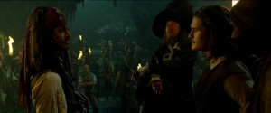 Jack Sparrow and Hector Barbossa negotiating in Isla de Muerta .