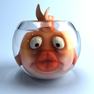 Cartoon goldfish too big for glass bowl with large fish lips