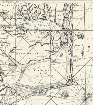 1738 map of eastern North Carolina, showing the sounds and inlets.