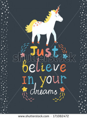 Vector motivation card with stars, decor elements, cute unicorn and ...